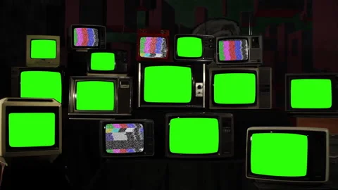 Multiple Retro TVs Switching On and Off with Green Screens and Color Bars - 4K Stock Footage 306179529