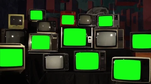 Multiple Retro TVs Switching Off Green Screens. Zoom In. Stock Footage 90738911