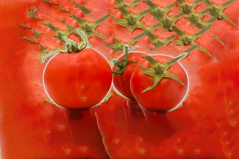 Multiple ripe red tomatoes set before a reflective red surface that creates Stock Photos