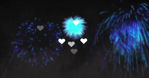 Multiple rockets launching from bottom celebrating love, cyan explosions and Stock Footage 319343114