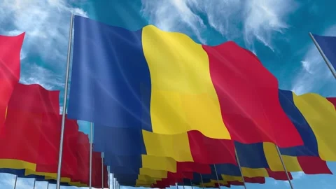 Multiple Romania flags seamless looping waving on blue sky Stock Footage 343684034