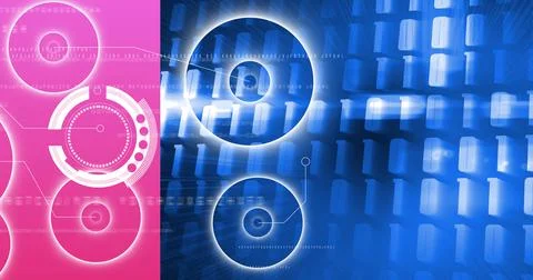 Multiple round scanners against binary coding data processing on blue and pink 스톡 일러스트