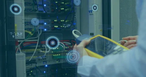 Multiple round scanners against mid section of man working in computer server 스톡 동영상 150853397