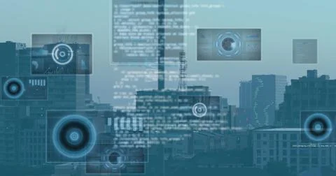 Multiple round scanners and data processing against aerial view of cityscape Foto stock