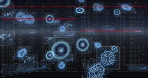 Multiple round scanners and screens with data processing against black Stock Footage 328709076