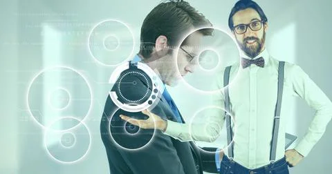 Multiple round scanners over man holding an invisible object against caucasian Stock Photos