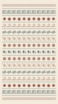 Multiple rows of botanical, spiral, geometric, and Greek-inspired ornaments.. Stock Illustration