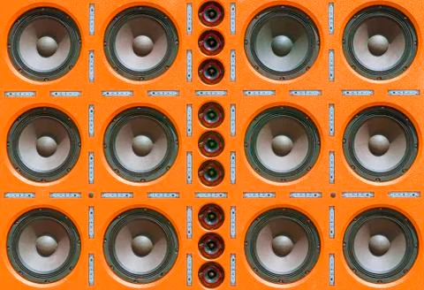 Multiple Rows of Sound Speakers, Led Light Strips on Orange Background. Stock Photos