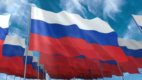Multiple Russia flags seamless looping waving on blue sky Stock Footage 343684050