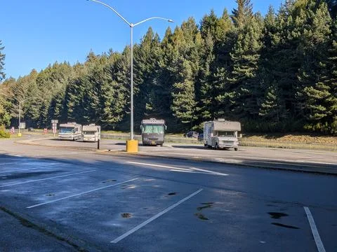 Multiple RVs parked in spacious rest stop lot beside active highway Stock Photos