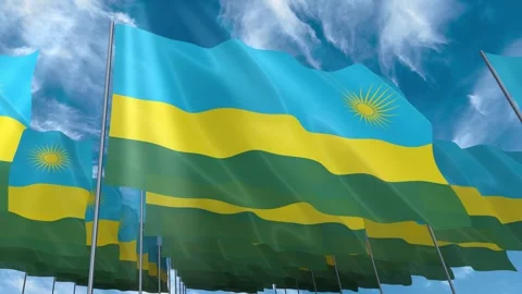 Multiple Rwanda flags seamless looping waving on blue sky Stock Footage 343684136