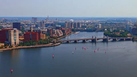Multiple sailboats on the Charles River waterscape near the Longfellow Bridge. Stock Footage 339366519