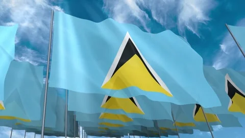 Multiple Saint Lucia flags seamless looping waving on blue sky Stock Footage 343684198