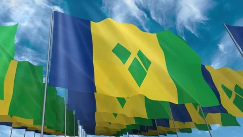 Multiple Saint Vincent and Grenadines flags seamless looping waving on blue sky Stock Footage 343684250