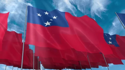 Multiple Samoa flags seamless looping waving on blue sky Stock Footage 343684254
