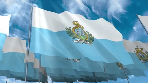 Multiple San Marino flags seamless looping waving on blue sky Stock Footage 343684353