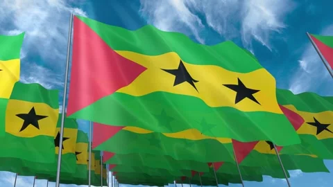 Multiple Sao Tome and Principe flags seamless looping waving on blue sky Stock Footage 343684310