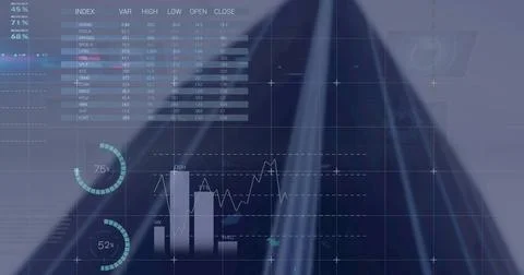 Multiple scanners and screens with data processing against tall building, Illustrazione stock