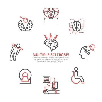 Multiple sclerosis banner. Symptoms, Causes, Treatment. Line icons set. Vector Stock Illustration