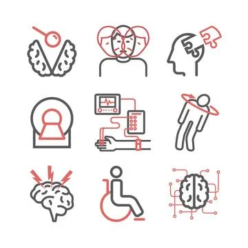 Multiple sclerosis. Symptoms, Causes, Treatment. Line icons set. Vector signs Stock Illustration