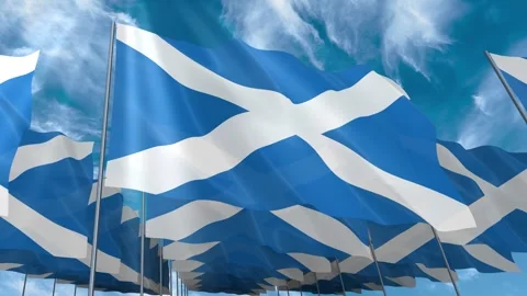 Multiple Scotland flags seamless looping waving on blue sky Stock Footage 343684395