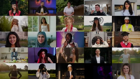 Multiple Screen Montage of a diverse group of 25 individuals from different Stock Footage 288607008