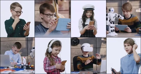 Multiple screen montage. Kids with devices. Gadget addicted generation. Teen Stock Footage 202285441