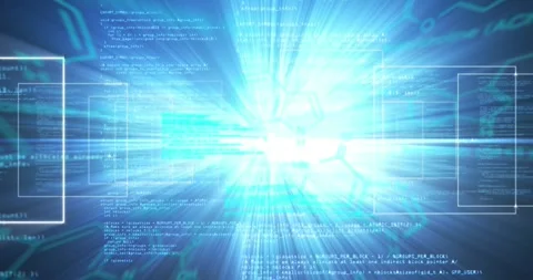 Multiple screens with data processing against spot of light on blue background Stock Footage 329427420