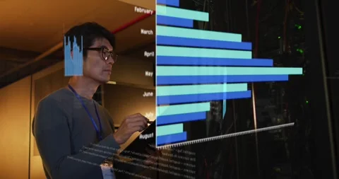Multiple screens with data processing against asian male engineer working in Stock Footage 330104967