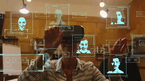 Multiple screens with data processing against caucasian woman wearing vr headset Stock Footage 330412766