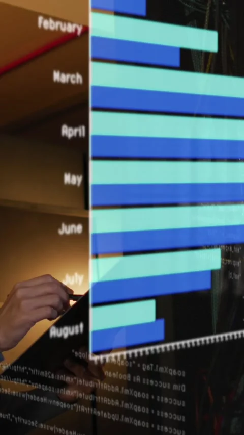 Multiple screens with data processing against asian male engineer working in Stock Footage 344765641