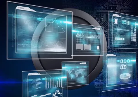 Multiple screens with data processing against microprocessor connections on blue Illustrazione stock