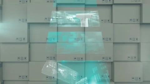 Multiple screens with data processing and spot of light against stack of boxes Stock Footage 157674505