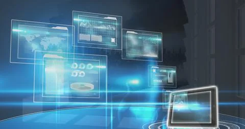 Multiple screens with data processing and digital tablet icon against aerial Foto stock