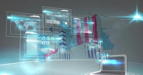 Multiple screens with data processing and laptop icon against painting of tall Stock Photos