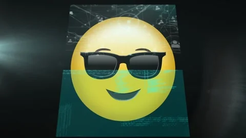Multiple screens with data processing of face wearing sunglasses emoji against Stock Footage 329222505
