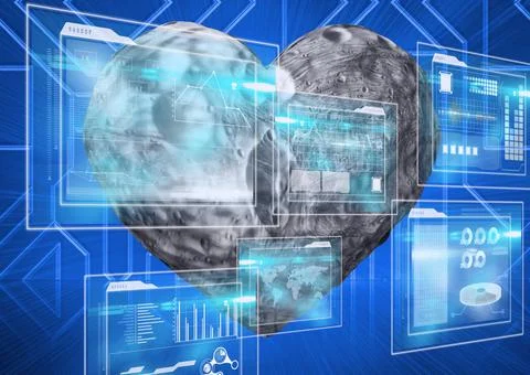 Multiple screens with data processing over heart shaped rock against blue Illustrazione stock