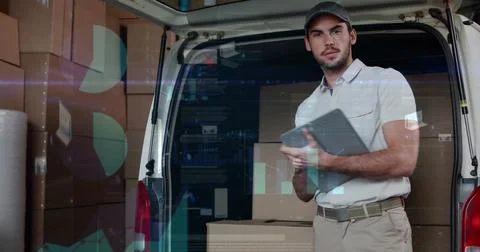 Multiple screens with data processing over portrait of caucasian delivery man Stock Illustration