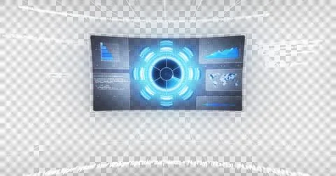 Multiple screens with digital interface and data processing against black 스톡 일러스트