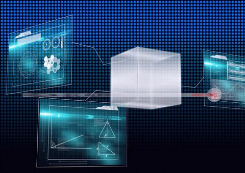 Multiple screens with digital interface with data processing against blue Illustrazione stock