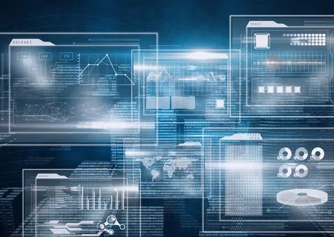 Multiple screens with digital interface with data processing against blue Stockillustratie