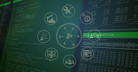 Multiple screens displaying various cybersecurity data and encryption processes Illustrazione stock
