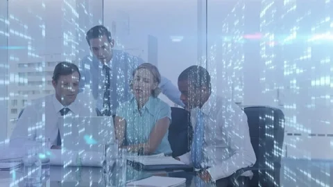 Multiple screens with mosaic squares against diverse businesspeople using laptop Stock Footage 157899815