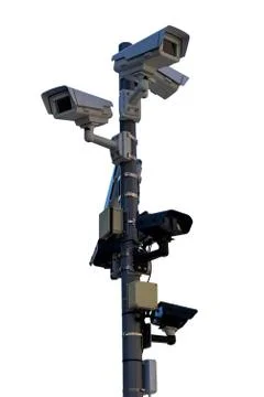 Multiple security cameras on pole. isolated Stock Photos