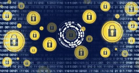 Multiple security padlock icons against binary coding data processing on blue Stock Photos