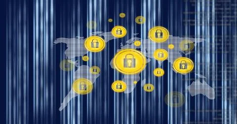 Multiple security padlock icons over world map against blue background 写真素材