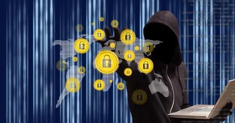 Multiple security padlock icons over world map against male hacker on blue Stock Photos