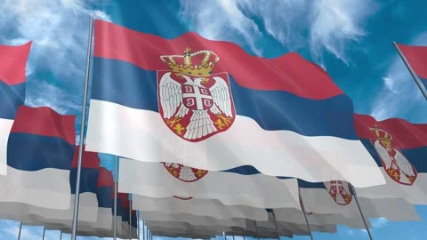 Multiple Serbia flags seamless looping waving on blue sky Stock Footage 343684482