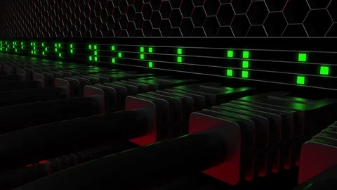 Multiple server connectors and flashing green LED lamps. Computer network, cloud Stock Footage 77192949