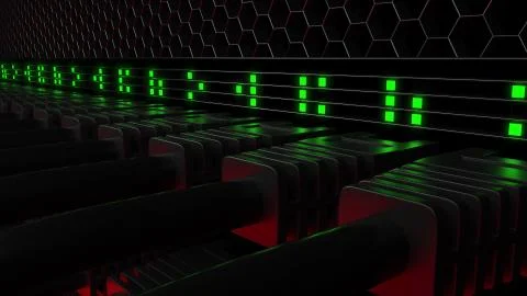 Multiple server connectors and flashing green LED lamps. Computer network, cloud Stock Illustration